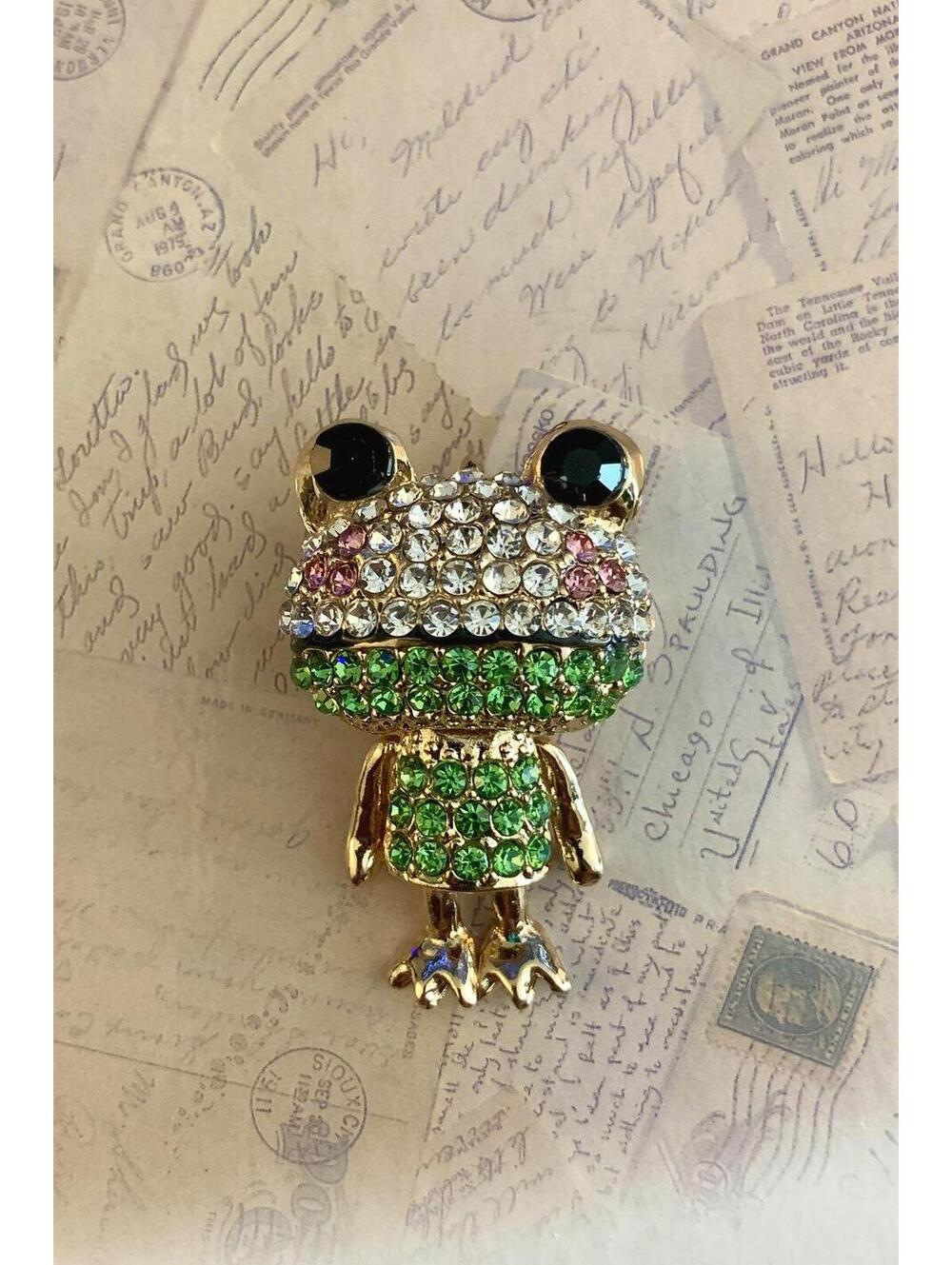 Articulated Frog Brooch Rhinestone Pave Figural Pin Whimsical Accessory